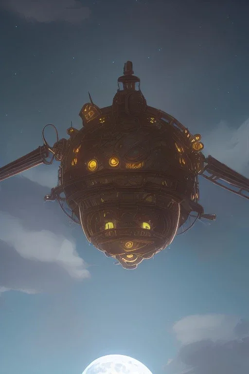 steampunk airship under the moon