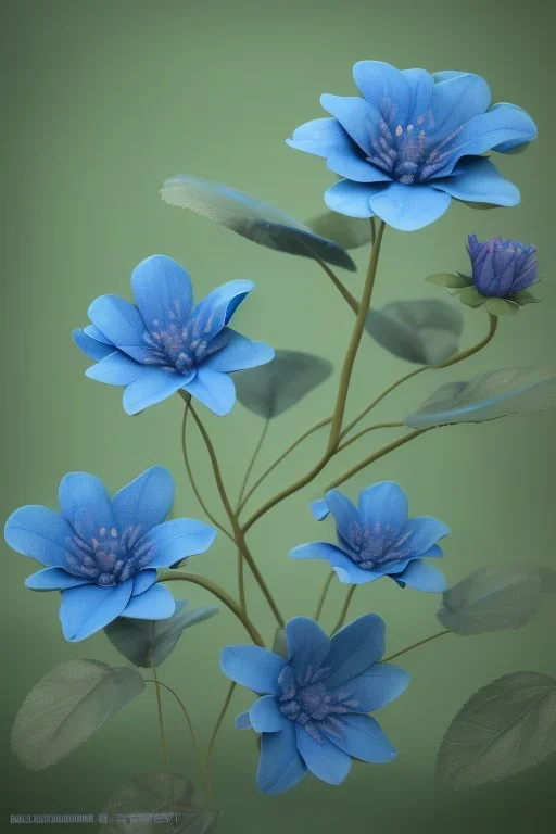 a bunch of blue flowers with green leaves, a digital rendering by Kanzan Shimomura, cgsociety, photorealism, rendered in maya, daz3d, photorealistic