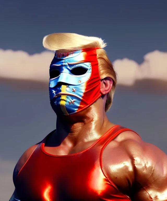 Realistic image of Donald trump wrestler, Mexican wrestling style, Mexican wrestling mask, red and blue breeches, glow us flag dress, suspenders, retro style, 80s, vibrant color, highly detailed, sky background, concept art, unreal engine 5, god rays, ray tracing, RTX, lumen lighting, ultra detail, volumetric lighting, 3d, finely drawn, high definition, high resolution.