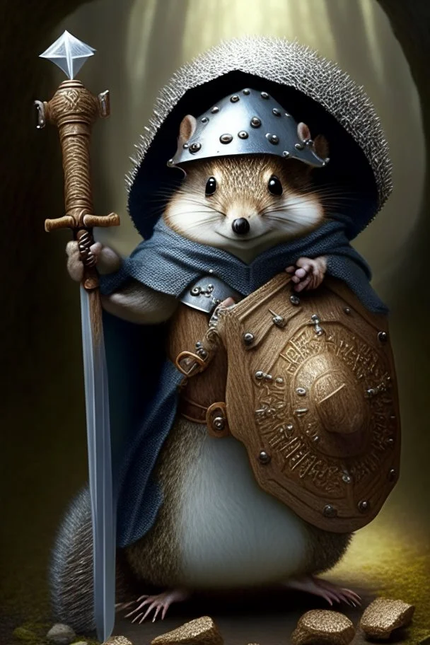 squirrel hedgehog mix being a cleric of death hood with hammer and shield