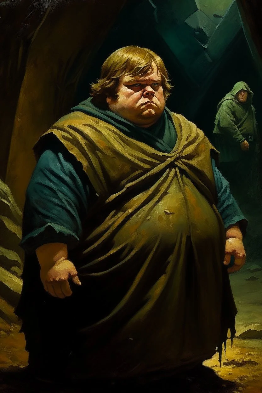 1970's dark fantasy cover dnd style oil painting of a fat obese luke skywalker with minimalist far perspective