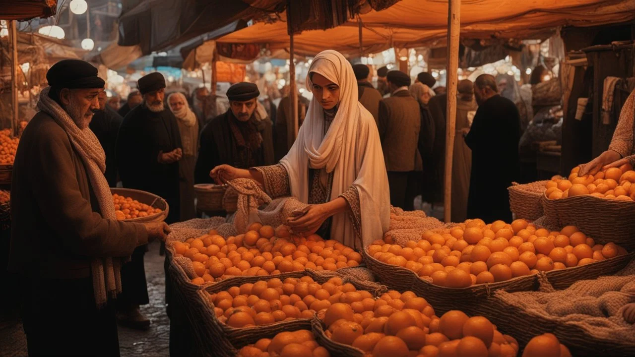 A full-length Palestinian girl wearing an embroidered dress and a white embroidered shawl buys oranges from an old seller wearing a keffiyeh in the market of Jerusalem, 100 years ago, at night with multi-colored lights reflecting on her.