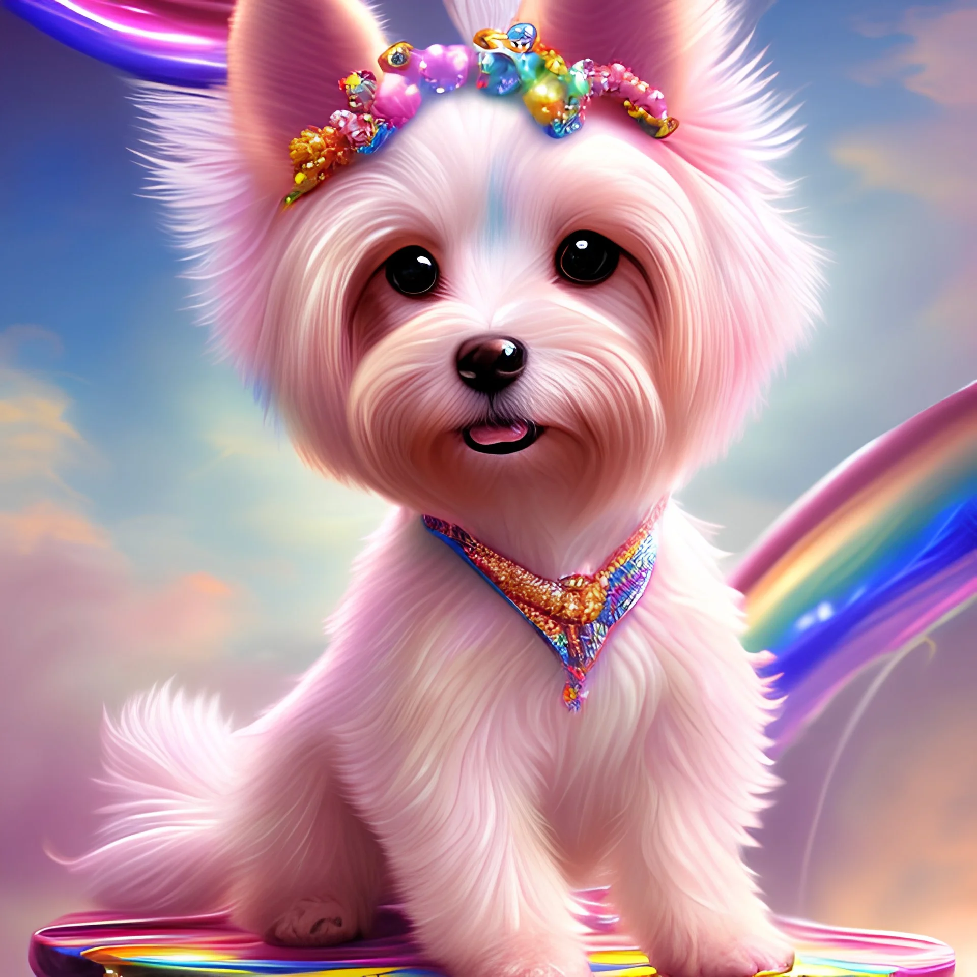 a sparkly dog with golden hair and rainbow shoes in fairyland, really cute, bubble gum, detailed, RTX, fantasy, 8K