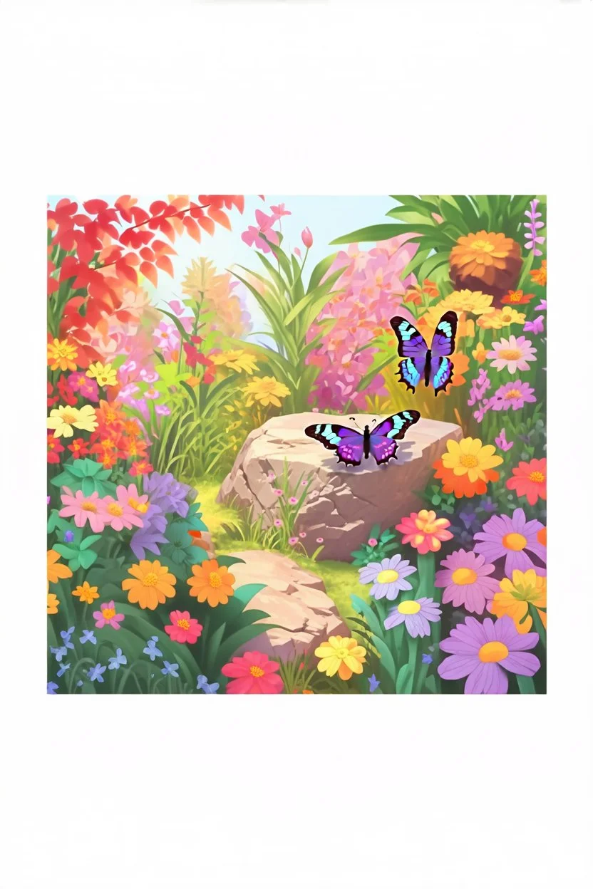 a striking, purple butterfly on a rock in a colorful garden background , child book illustration style, butterfly must be the same as reference image