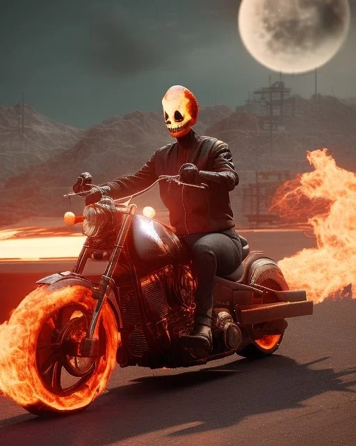 Ghost rider riding in hells flames doing a wheely in hell with the moon in the background