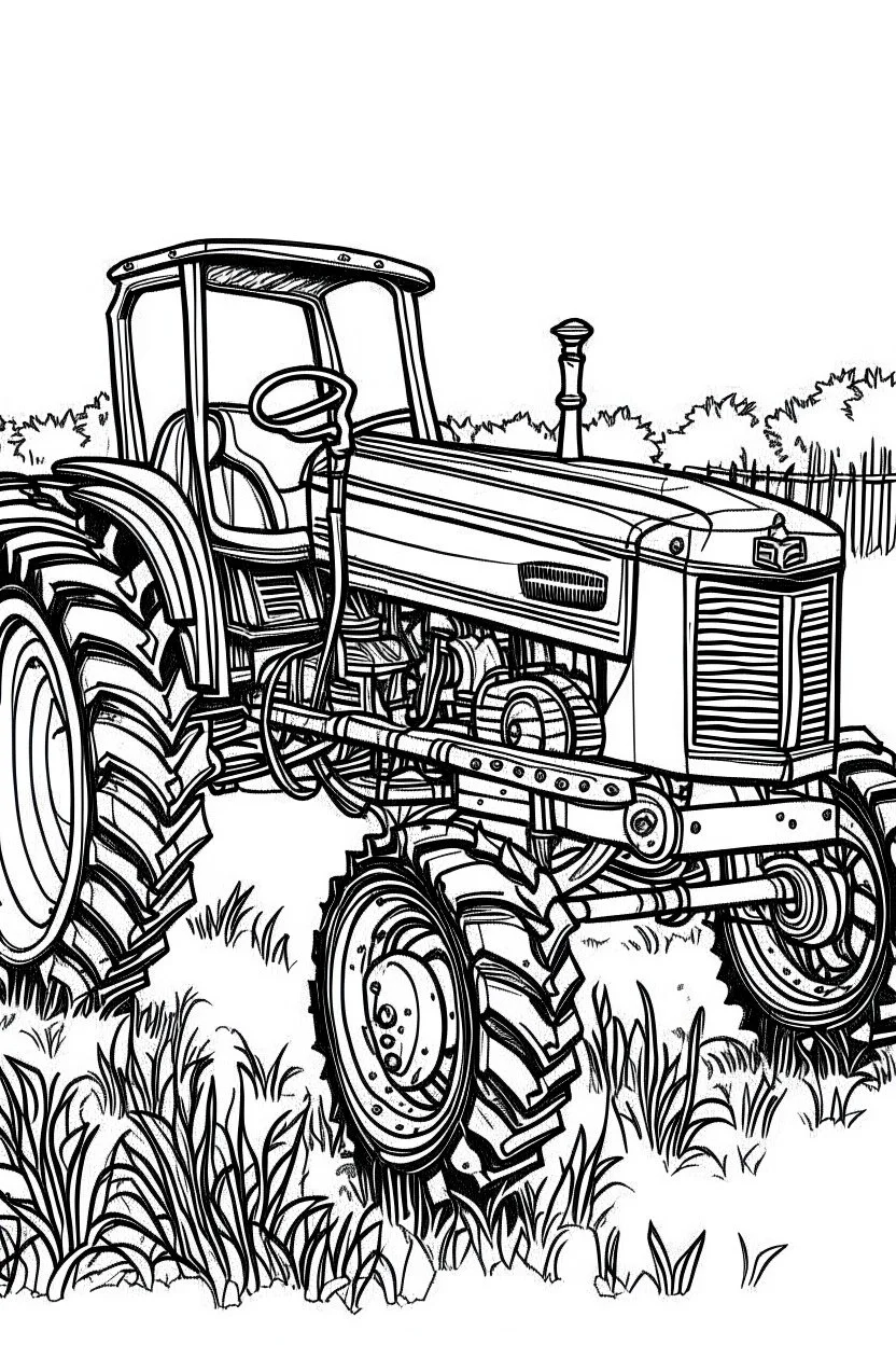 Outline art, no shading, tractor vehicle , cartoon style, black and white, low detail, --ar 9:11