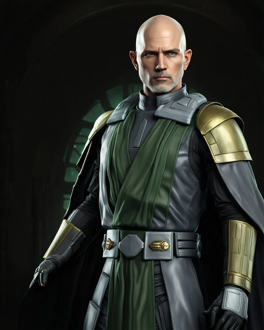 star wars bald male corellian jedi pilot wearing black and gunmetal grey old republic armored robes with gold trim inside the jedi temple holding a lightsaber with viridian green blade in left hand, centered head and shoulders portrait, hyperdetailed, dynamic lighting, hyperdetailed background, 8k resolution, volumetric lighting, light skin, fully symmetric details