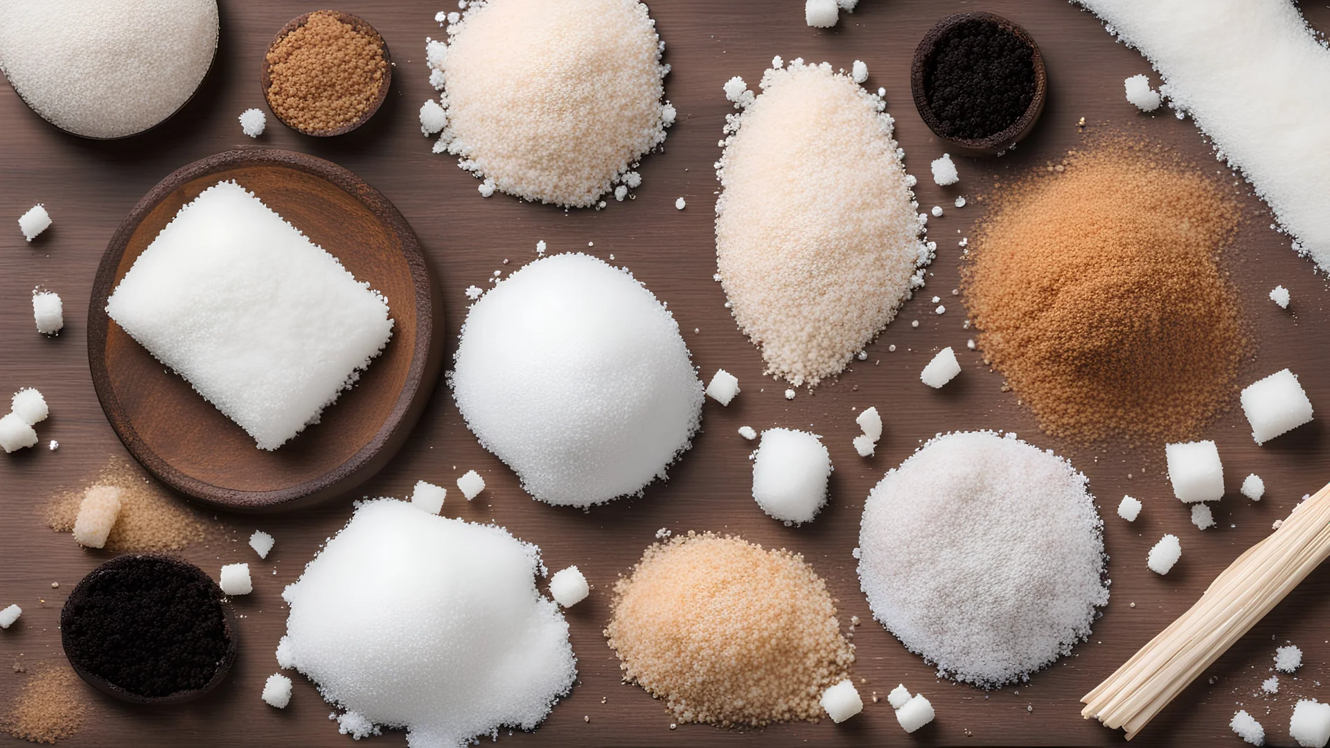 different types of sugar on the table, white, black, brown