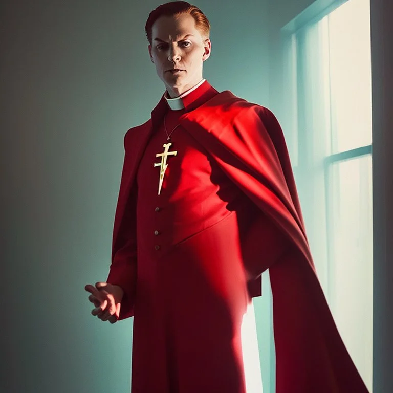 a sinister figure wearing a red suit with a red tie and a priest's clerical collar with no face and dirty slicked back hair