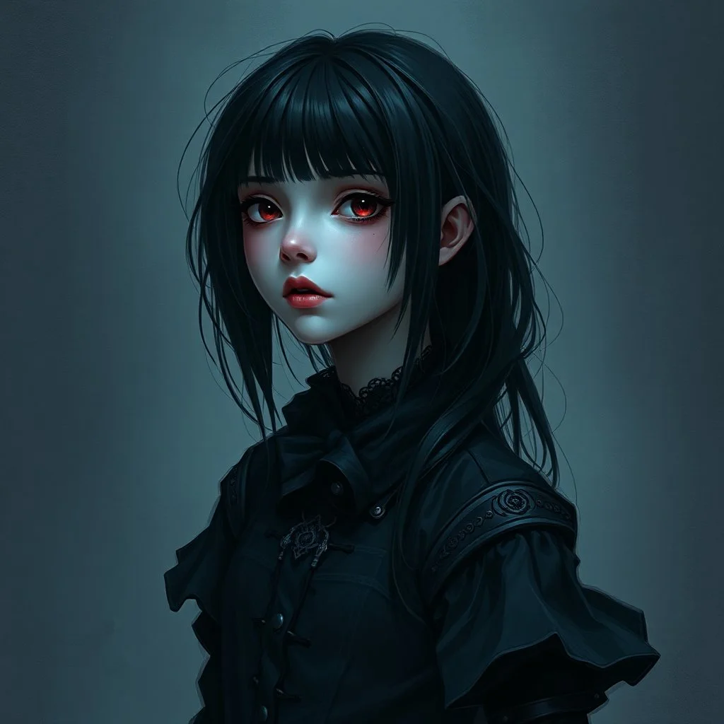 a pretty girl, skinny, dark hair, gothic clothes, dark fantasy, pale, young, art