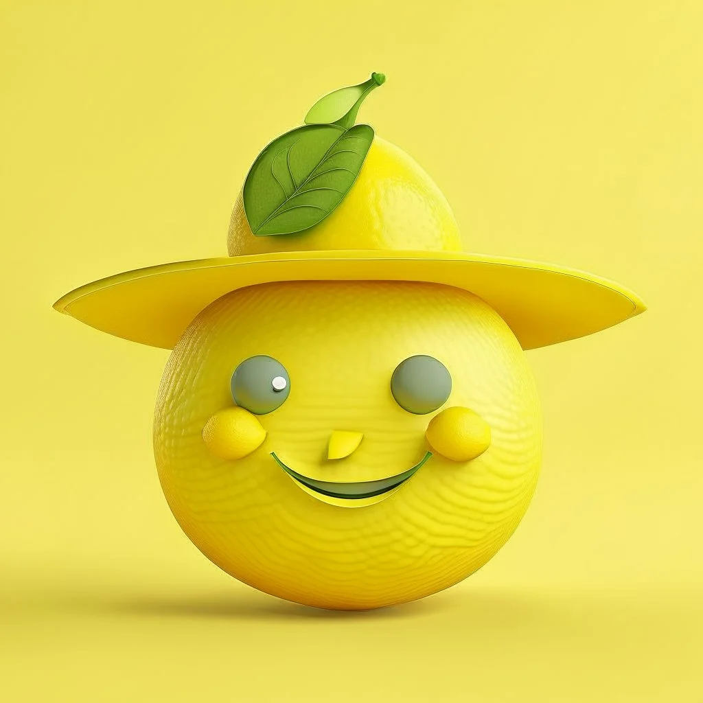 A lemon has eyes, legs, nose, and mouth, and it is smiling, cute, and beautiful, wearing a hat.