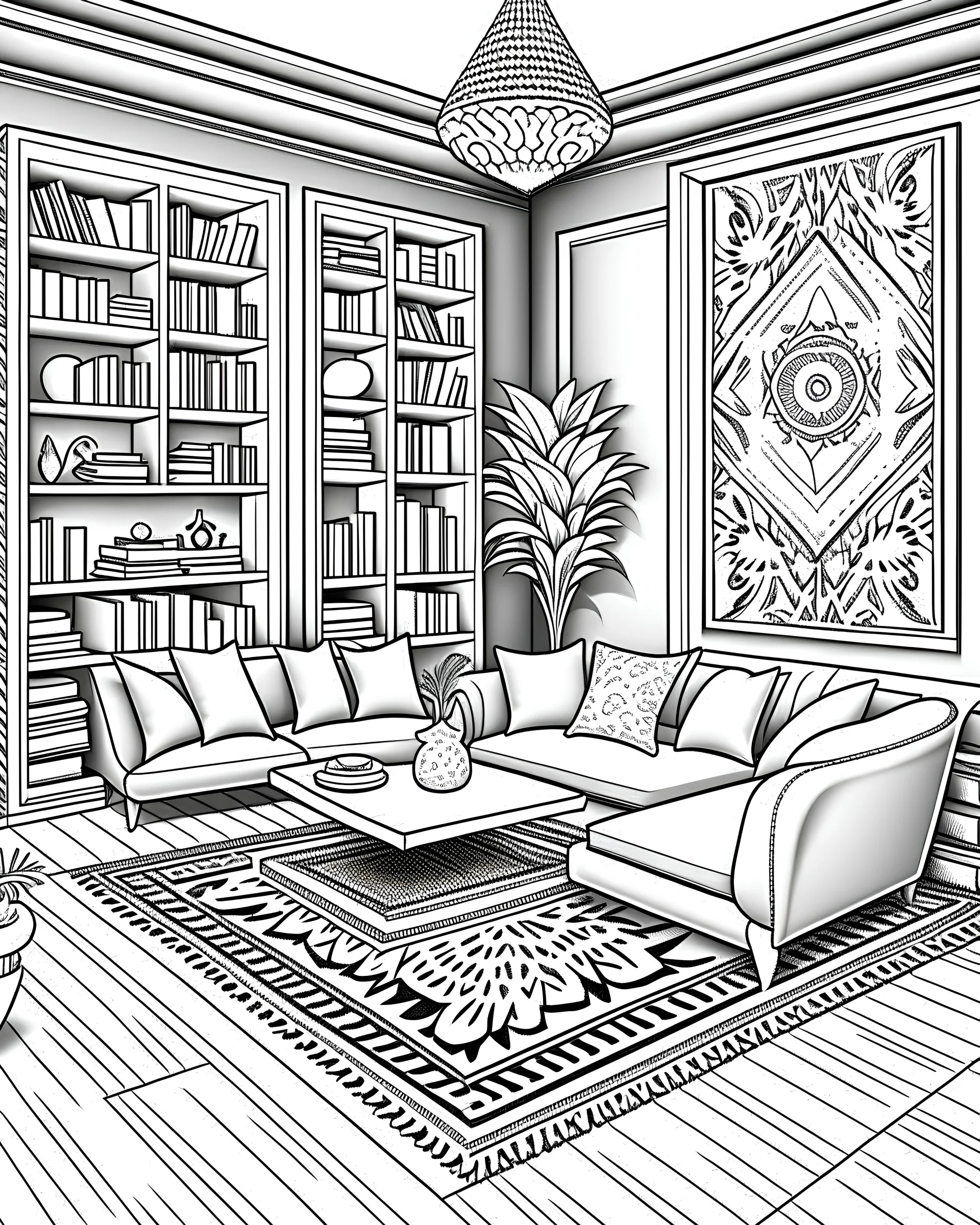 MANDELA STYLE .rendering loft luxury living room with shelf near dining table counter Coloring Book for Adults, Instant Download, Grayscale Coloring Book