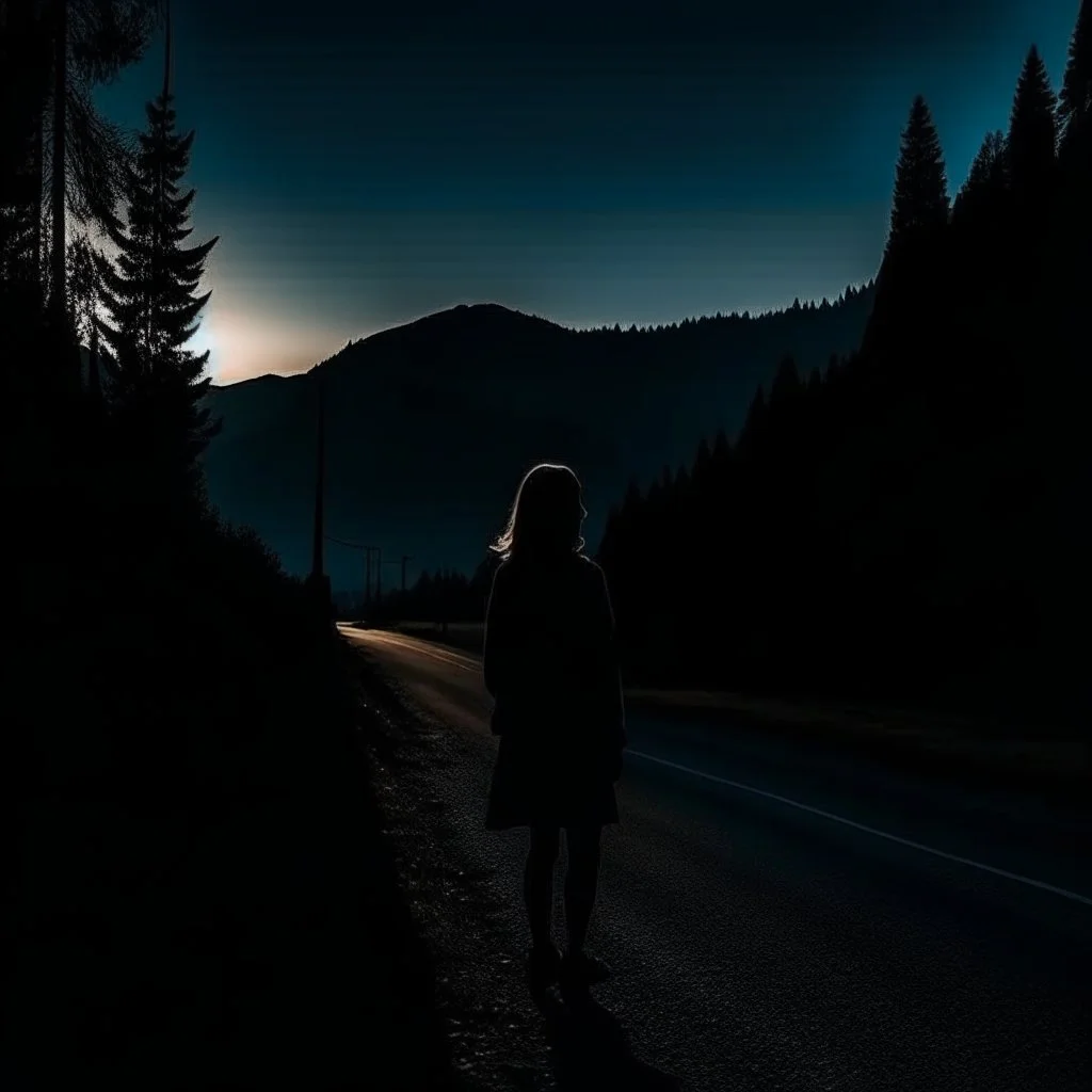 dark night, a woman silhouette on the side of the road,, mountains and forests next to the road, a sunrise in the distance, photo quality