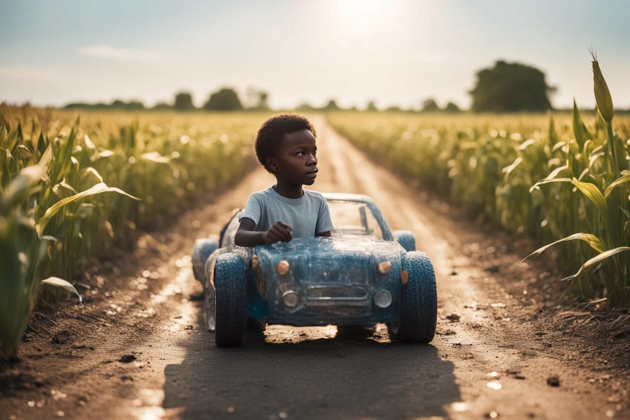 a plastic bottle car made of several plastic bottles on a dirty road next to a corn field in sunshine a little black boy standing happily next to it, ethereal, cinematic postprocessing, bokeh, dof