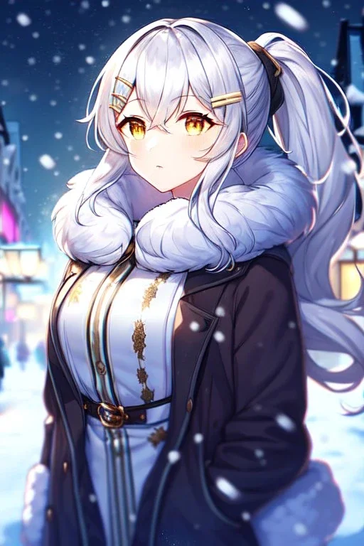 girl, masterpiece, best quality, cinematic lighting, detailed outfit, perfect eyes, silver hair, long hair, vibrant golden eyes, ponytail, messy hair, snowing, winter outfit, hairclip, depth of field,