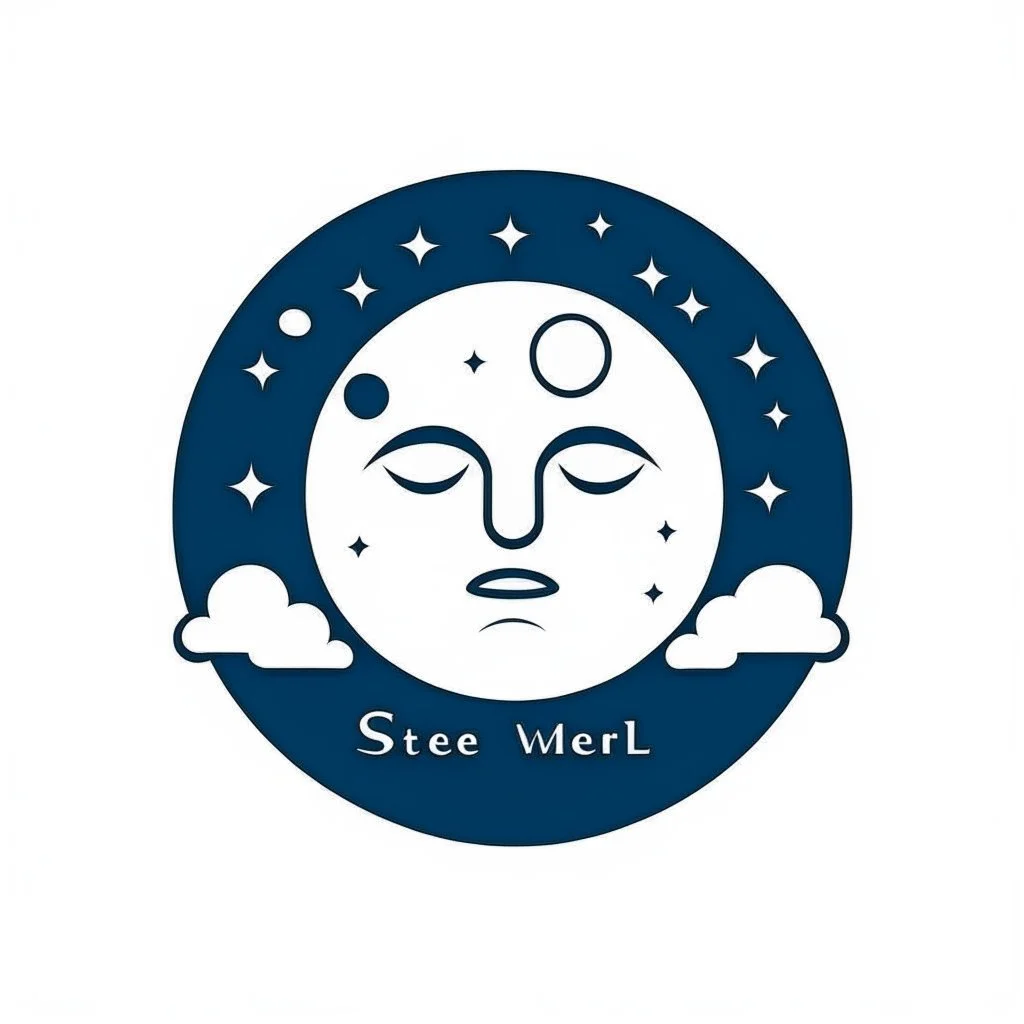 Logo, vector, clean, circle logo with a face looking up at the moon clouds and stars