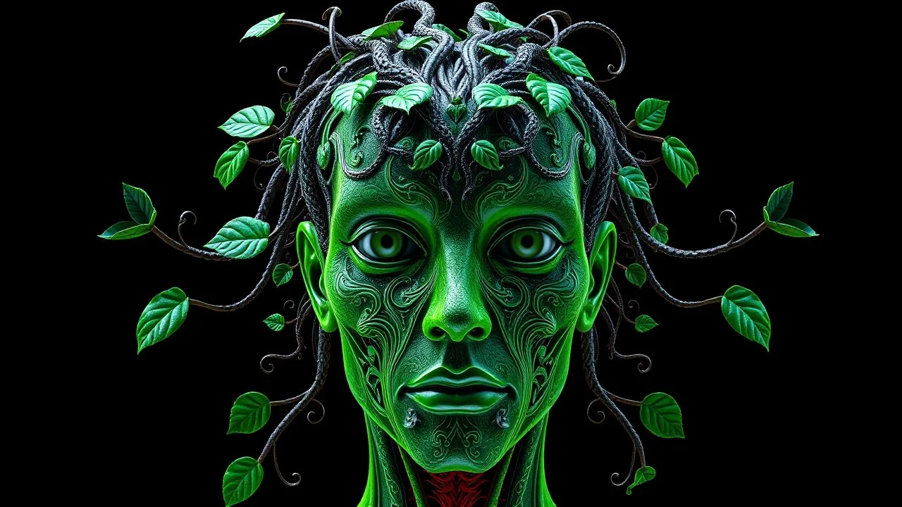 3D rendering of Expressively detailed and intricate of a hyperrealistic “ human head detailed with organic form”: front view, symetric, green glossy plant vines, anatomy, symmetric, scientific, baroque ornament, single object, vivid colour, black background, cosmic fractals, octane render, 8k post-production, dendritic, artstation: award-winning: professional portrait: atmospheric: commanding: fantastical: clarity: 16k: ultra quality: striking: brilliance: stunning colors: amazing depth