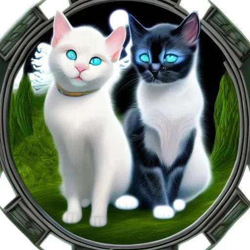 Gato branco de olhos azuis e gato preto de olhos verdes juntos em forma de ying yang