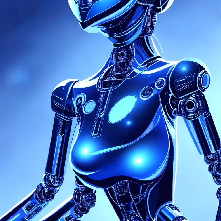 un robot femme bleu fond galaxie