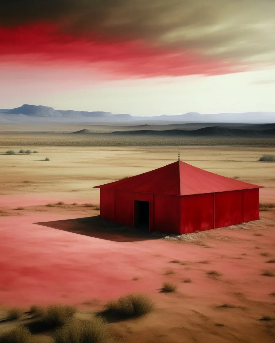 A light red desert with a military base painted by Michelangelo di Lodovico Buonarroti Simoni
