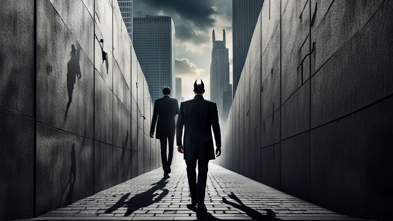 a high realistic photo from a business man walkings on street own shadow as devil walking behind man on big wall , modern city, weird atmosphere.detalied, sharp focus, surreal mood, thriller, dark dream