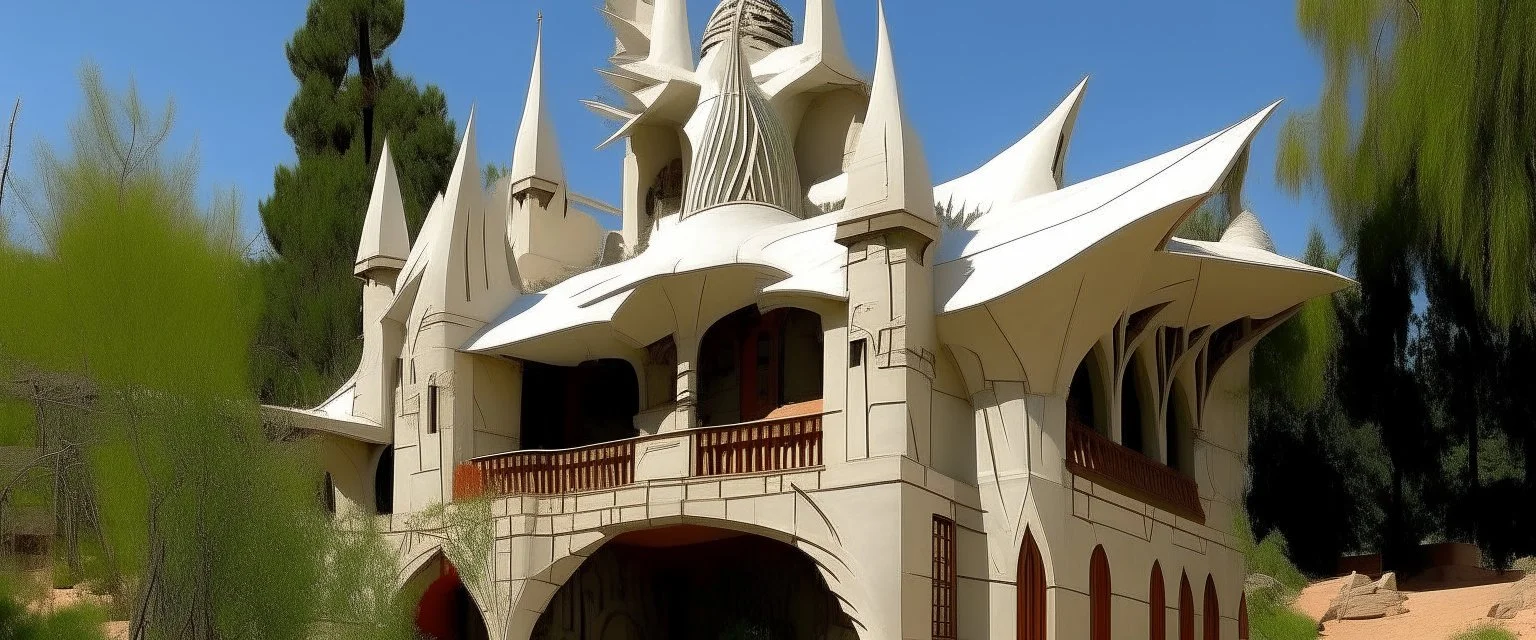 A white vampire bat chateau painted by Frank Lloyd Wright