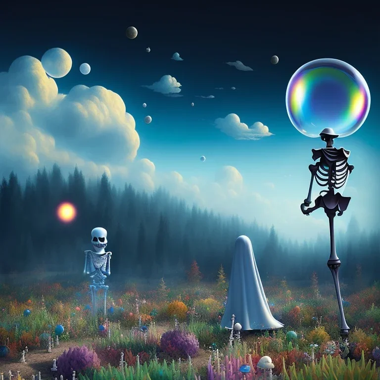 The Grim Reaper and the Skeleton on bubble world, discussing the future of the universe, art by Magritte and Pixar