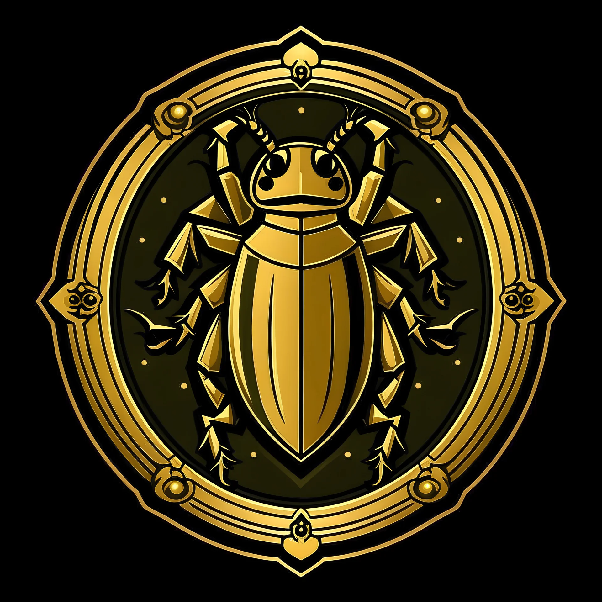 Create an elegant shield logo with a cockroach in the middle, holding a gold coin