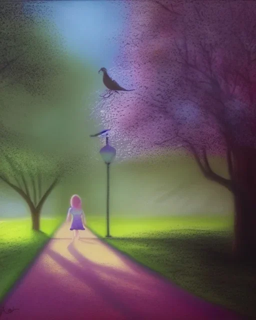 park mystical dream, park bench, man, woman, child, dog, trees, path, bird, sunshine, mystical, fantasy, romanticism, pastel colors, daylight, daytime, acrylic painting, detailed, soft focus,