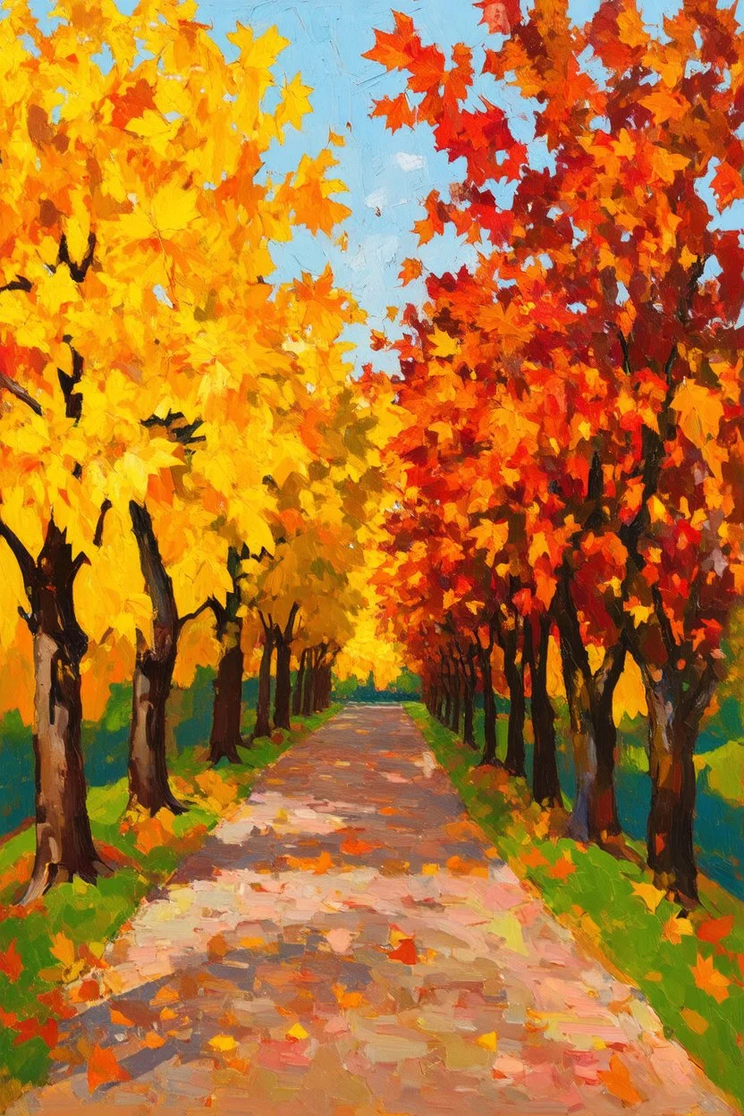 "Fall Leaves" shows a pathway lined with trees of various shades of yellow to orange to red; Post-Impressionism