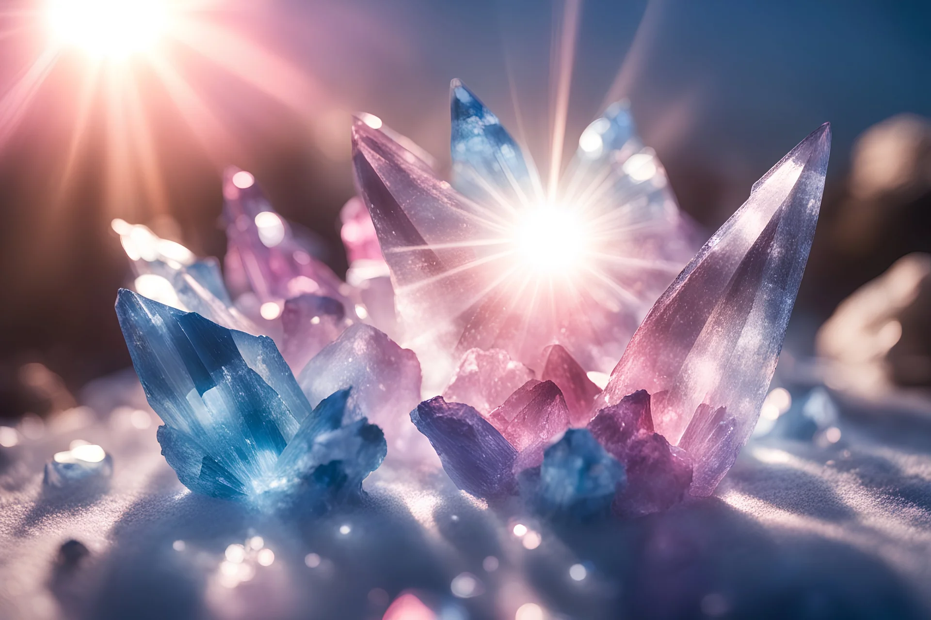 cristalli di luce azzurri e rosa con raggi di sole luminosi