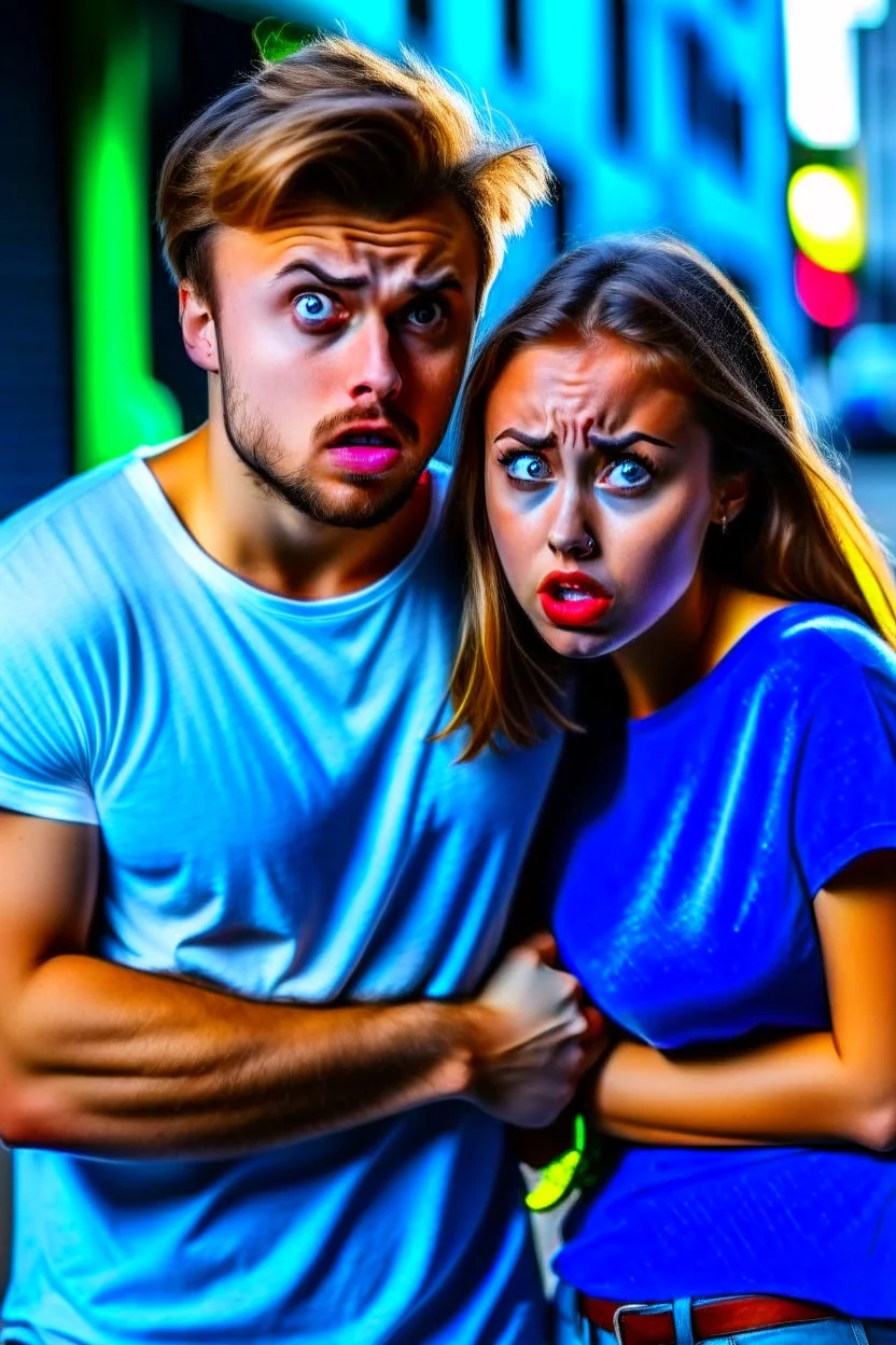 very beautiful man, late 20s, piercing blue eyes, wearing a white T-shirt tucked into jeans, looking panicked, shielding girlfriend during an earthquake