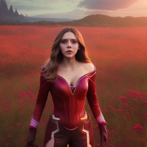 Feiticeira escarlate, Elizabeth Olsen, feiticeira, magia, bonita, cenário em um campo de flores, cinematográfico, dramático, por do sol, campo de flores, cores frias