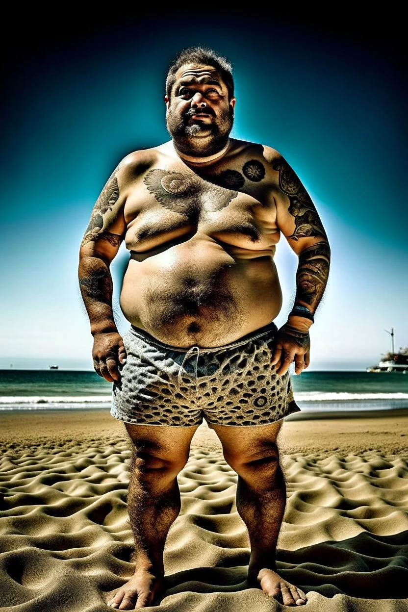 full figure shot photography of a tired chubby burly 38 years old ugly arab carpenter, shirtless, big nose, tattoo, unshaved, short curly hair, manly chest, angry eyes, open legs , at the beach in the sun, big shoulders, big tights, side light, ground view angle