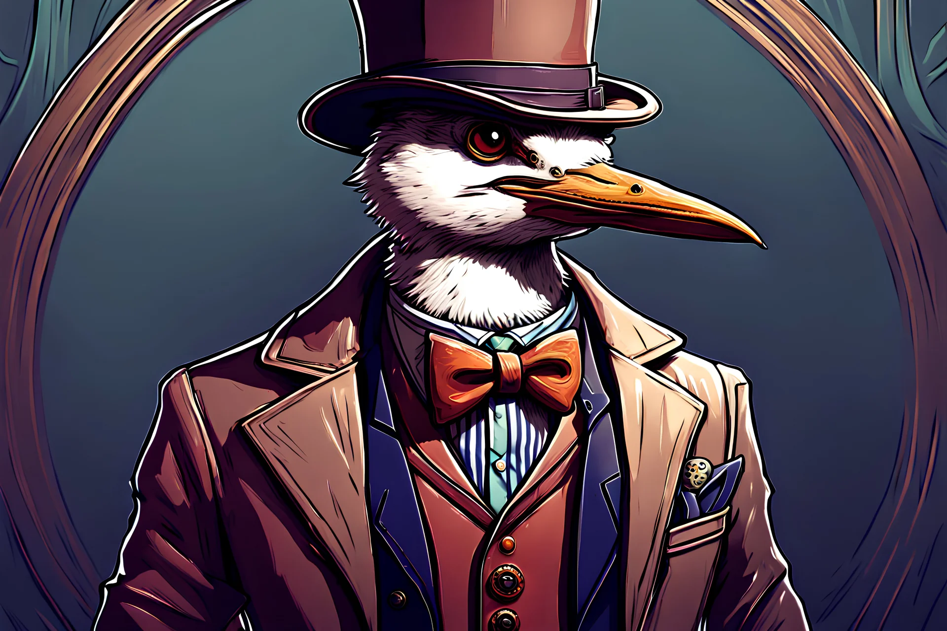 there is a bird wearing a hat and a coat with a tie, lofi steampunk bioshock portrait, anthro portrait, heron prestorn, dungeons and dragons style, inspired by Moebius, beautiful 3 d rendering, laughing groom, human-animal hybrid, jake parker