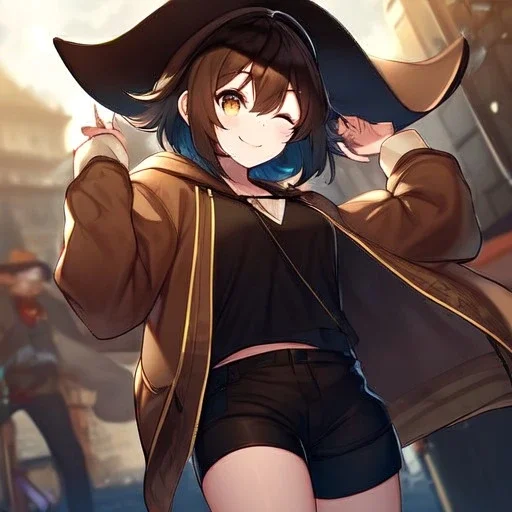 Clear focus, High resolution, short brown spiky hair, hair between eyes, eyes closed, wearing a brown detective hat, wearing a brown jacket and a black shirt, wearing black shorts, 1girl, pulling hat down, smiling, wearing a oversized hoodie