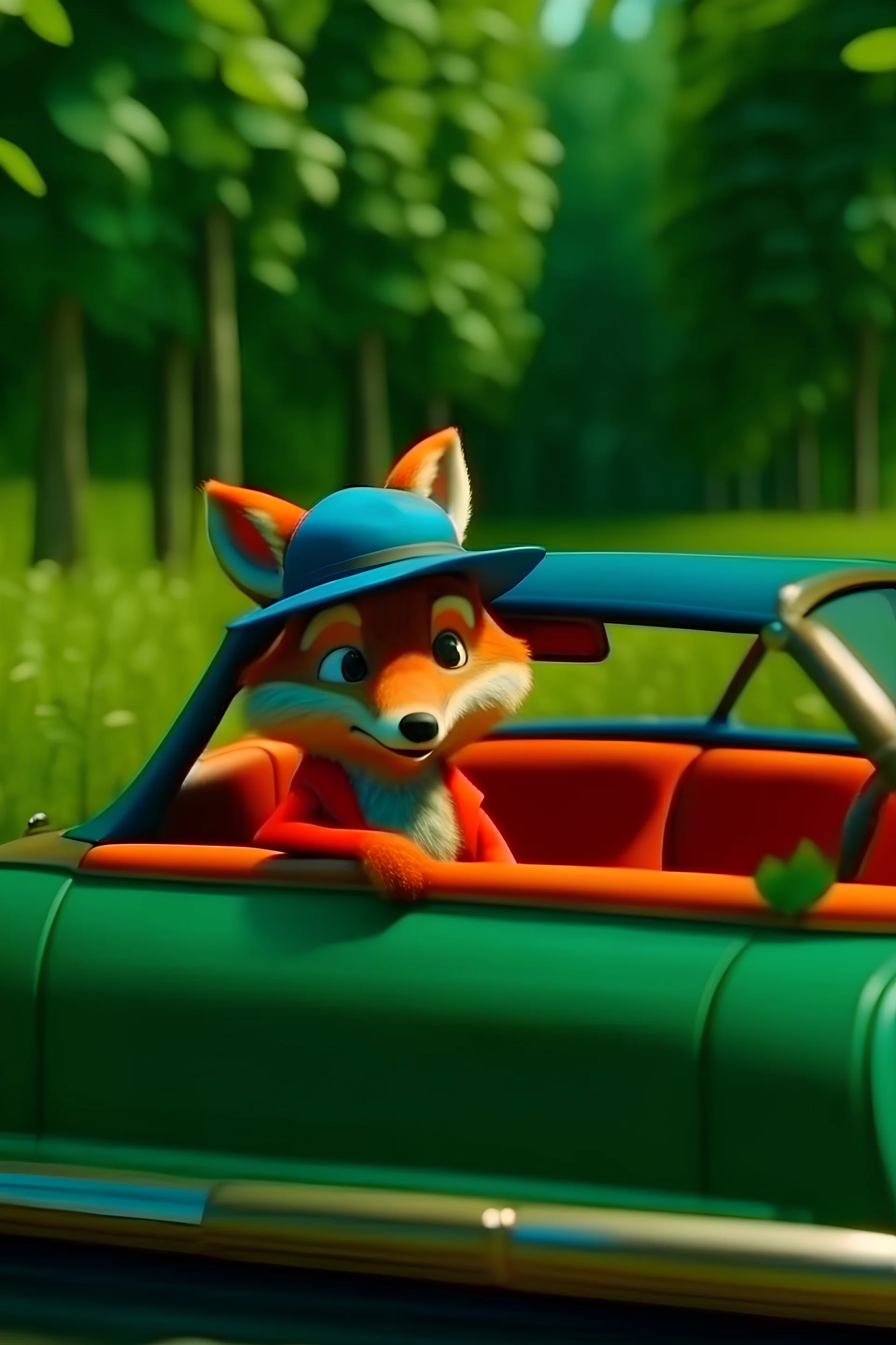 a little fox in a hat on his head in a blue jacket is driving in a red beautiful car through the green forest