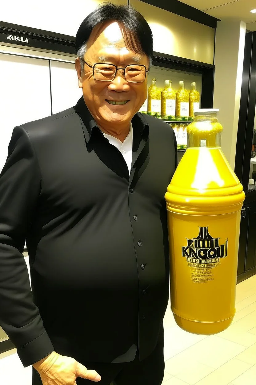 Robert Kiyosaki standing next to giant golden milk bottle that say milk on STYLE OF HIROKU OGAI