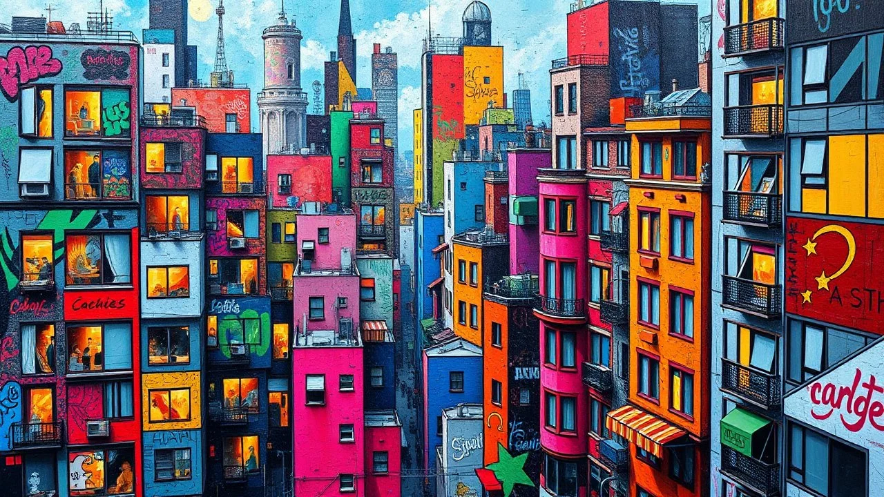 In the bustling urban landscape, a cacophony of colors and shapes collide to create a mesmerizing scene. Bold graffiti-like elements dance across the buildings, adding a vibrant edge to the cityscape. Every window reflects a different story, hinting at the diverse lives within. This striking image, whether a meticulous painting or a vivid photograph, captures the essence of a bustling city full of life and energy. The attention to detail and vivid hues bring the scene to life, making it feel alm