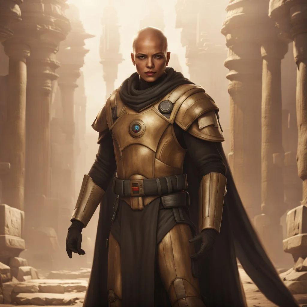 a bold and heroic bald male Corellian pilot in black and metallic grey First Order special forces gear meets a female Jedi Master in ancient, mystical temple, hyperdetailed, dynamic lighting, hyperdetailed background, 8k resolution, volumetric lighting, light skin, fully symmetric details