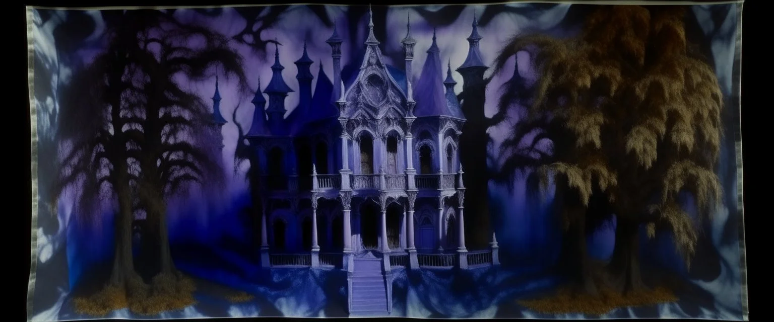 A purple haunted mansion with ghostly fairies designed in medieval tapestry painted by Claude Monet