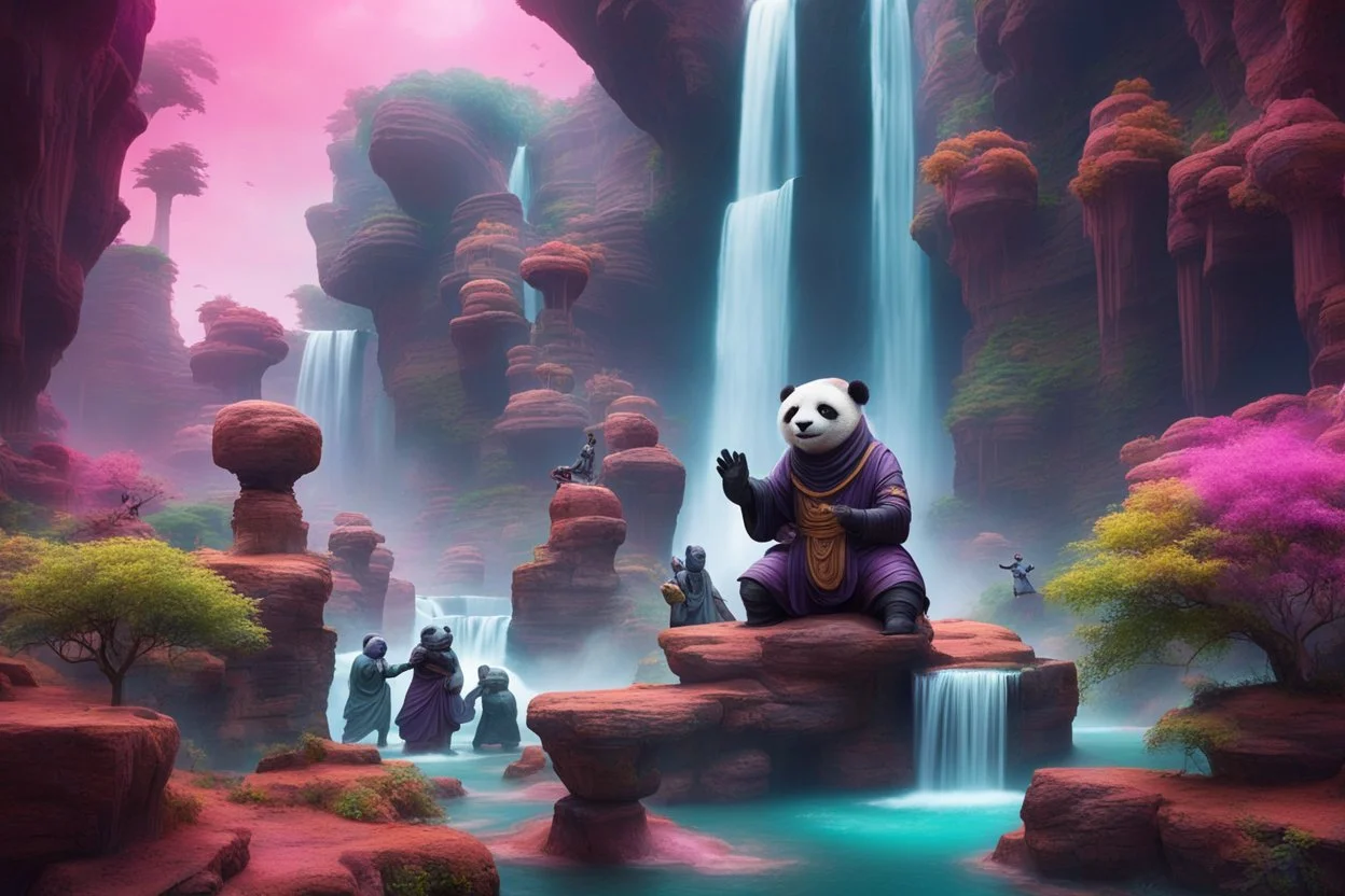 archeologists discovering space panda ninja people worshipping statues and idols, on a strange planet with weird colors and waterfalls