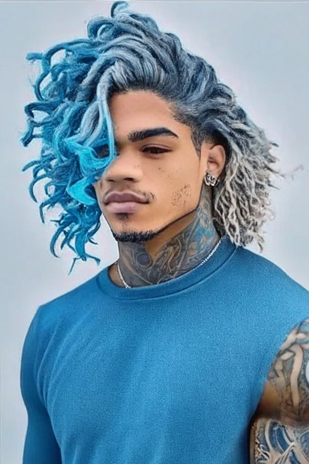 longish light blue wavy hair, brown skin, grey eyes, tattoos, black turtle neck clothing, hispanic