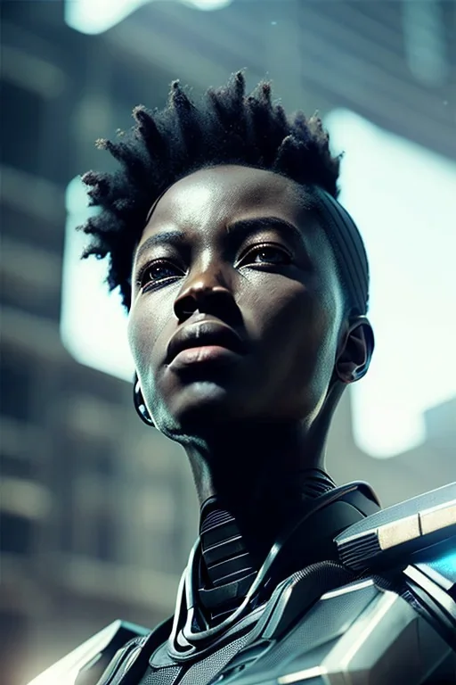 portrait,beautiful african robot, post-apocalyptic in a cyberpunk city, realistic, intriacte detail, sci-fi fantasy style, volumetric lighting, particales,highly detailed,cinamatic, deep