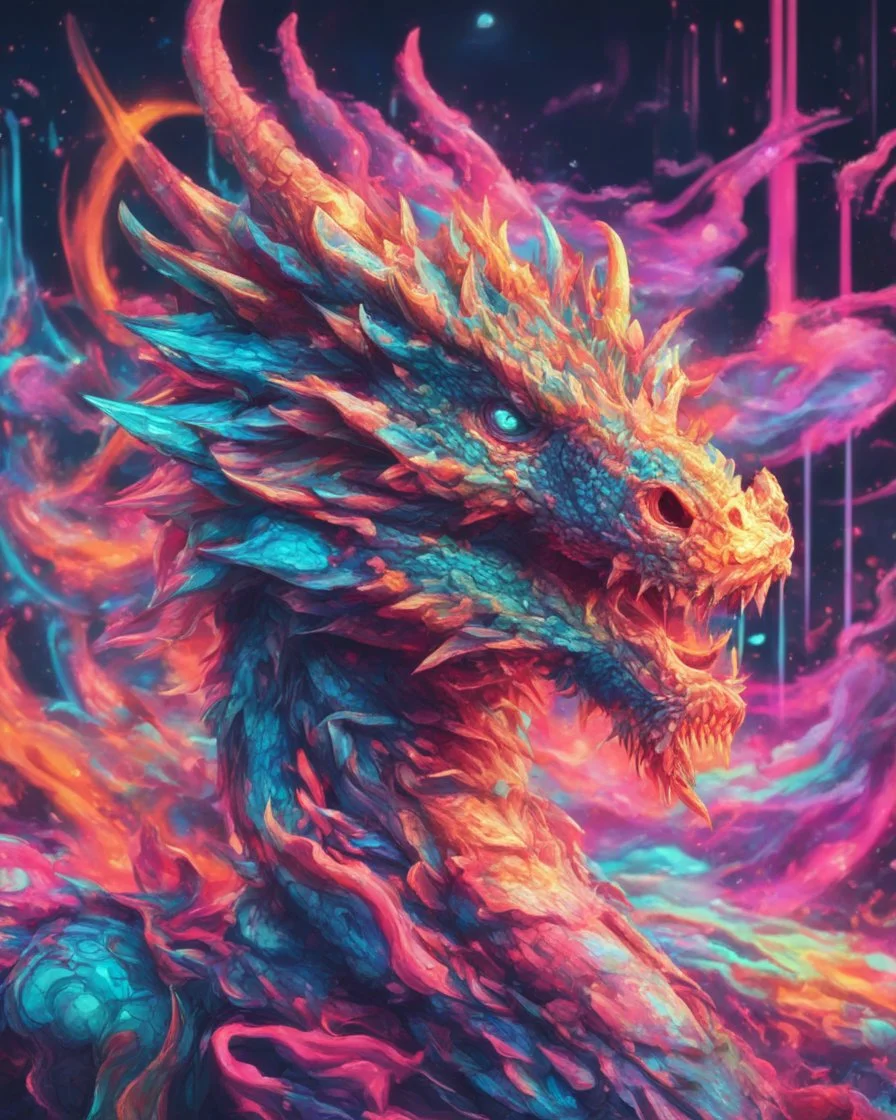 Close up shot, Dragon in a vibrant synthwave dreamscape, neon chaos swirling energetically around pixelated forms, a dynamic fusion of retro gaming nostalgia and futuristic abstraction