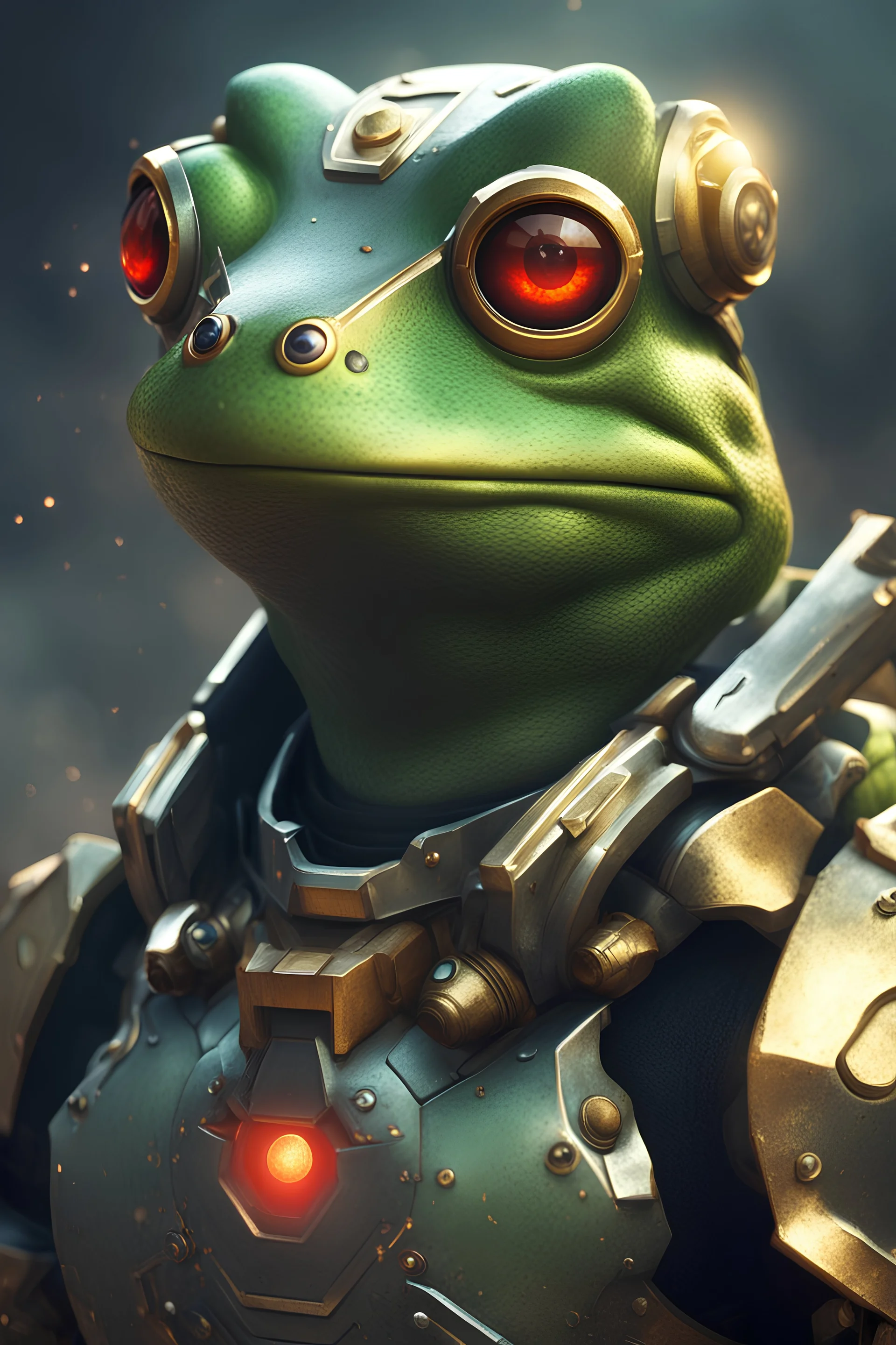 Frog Green Soldier Portrait Glow big red eye Gold Armor Robotic lightning warrior Gun Silver Smoky Dust 16k details epic rare future water nice furious weapon