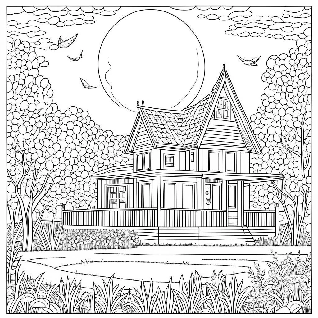 GARDEN HOUSE, ""Moonlit Magic: Explore the enchantment of the Garden House, full view, realistic, coloring page, only draw lines, coloring book, clean line art, wildlife-inspired, kid style, –no sketch, color, –ar 3:4, white background, minimalistic black lines, 8k, minimal black color, low level black colors, coloring page, use pure black and white colors, avoid thick black colors, thin black line art, avoid colors, perfect shape, perfect clear lines, clear edges,