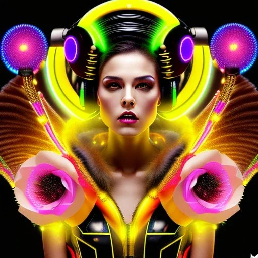 Sweet cyber beewoman, Rosalia artist, cold ambient, rain, fog, latex, cables, purpurin, black, gold, rings piercing, yellow, decorative color feathers, circuits, neon style, a lot of led lights, fog, rain, vibrant color, highly detailed, art stations, concept art