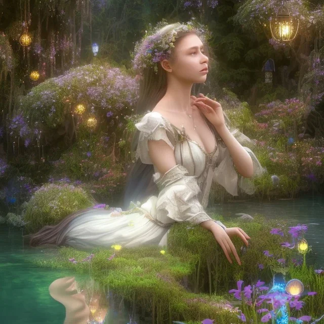 high-quality, fine-detail beautiful, stunning fairy sitting beside a clear, reflective lake, flowers, butterflies, small globes of iridescent light, tranquil, gorgeous, 8k resolution, 3D octane render, intricate, digital art, detailed matte, volumetric lighting, George Grie, Anne Dittman, Anne Stokes, Lisa Parker, Selina French,