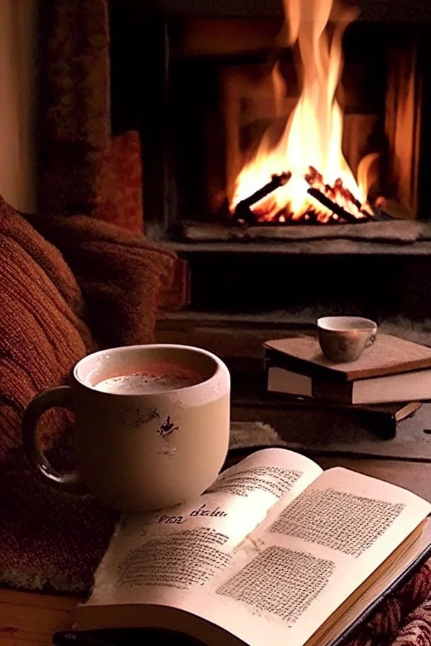 cozy book, tea, and fireplace